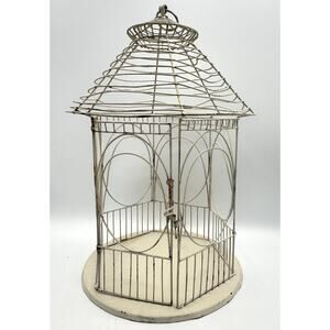 Vintage Wire Bird Cage Cream White Rustic 13" Decorative Lantern Rounded Metal